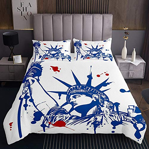 Tbrand Blaue Freiheitsstatue Tagesdecke 220x240cm Wahrzeichen der Stadt Steppdecke für Kinder Jungen Mädchen amerikanisch Softest Bettüberwurf Schwarz Kuscheldecke Bunte Gesteppte Decke Wohndecke 3St
