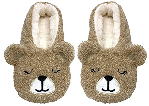 Bramble Ladies Animal Bear Ballerina Slipper Sock Gift Box | 1 Pair | U.K. Size S-M | Biege Bear Fluffy Non-Slip Lounge Slipper Sock
