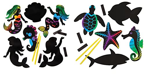 Baker Ross Kratzbild-Bastelsets „Meerjungfrau“ mit Magneten (10 Stück) & Bastelsets für Kratzbild-Magnete „Meerestiere“ für Kinder zum Basteln und als Deko-Idee im Sommer (12 Stück), Schwarz