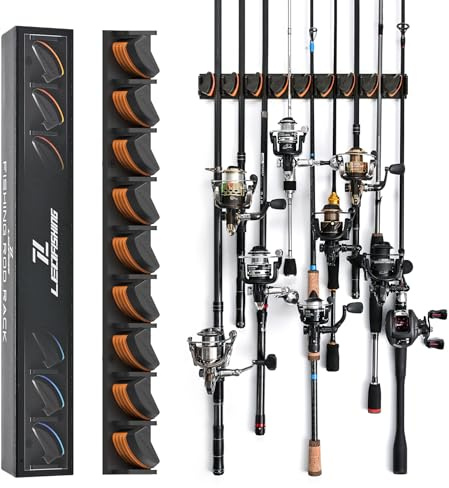 LEOFISHING Vertical Horizontal Fishing Rod Holder Wall Mounted Fishing Rod Rack Holds Up to 9 Rods or Combos Fishing Rod Pole Holders for Garage Ceiling Mounted Fits Most Rods (Orange -1 Pack)