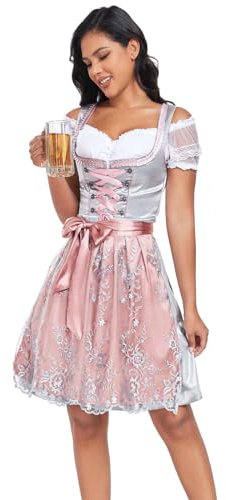 Jecarden Dirndl Damen Midi Trachtenkleid Damen Dirndlkleid mit Spitze Trachtenmode inkl. Dirndlbluse Dirndlschürze 3 teilig für Oktoberfest Karneval Besondere Anlässe (34-50) (Rosa, 38)