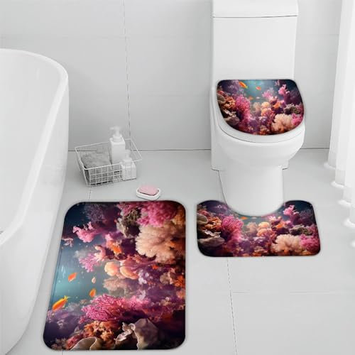 Fische Korallen Badezimmerteppich Ozean Farbe Badematte Rutschfest 3-teiliges Weiche Mikrofaser Badvorleger Schnelltrocknende Absorbierender Badteppich Waschbar Duschvorleger Bath Mat,40 x 60 cm