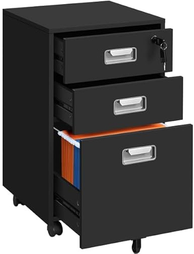 Yaheetech Cassettiera da Scrivania con 3 Cassetti Salvaspazio Archivio Schedario Portadocumenti Mobiletto da Ufficio Rimovibile con Ruote per Ufficio Studio (Nero)