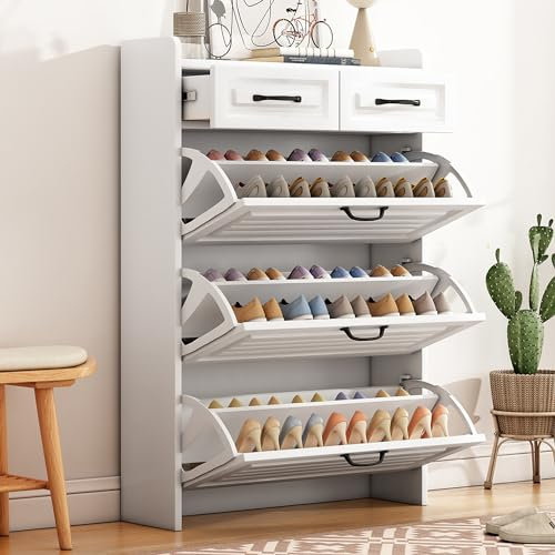 Schuhkommode mit drehbarem Schuhschrank, bestehend aus DREI großen Klappen und Zwei Schubladen, Holzschuhschrank, Schuhregal, Geeignet für Eingangsbereiche und Wohnzimmer - Maße: B80/T23.5/H131 cm