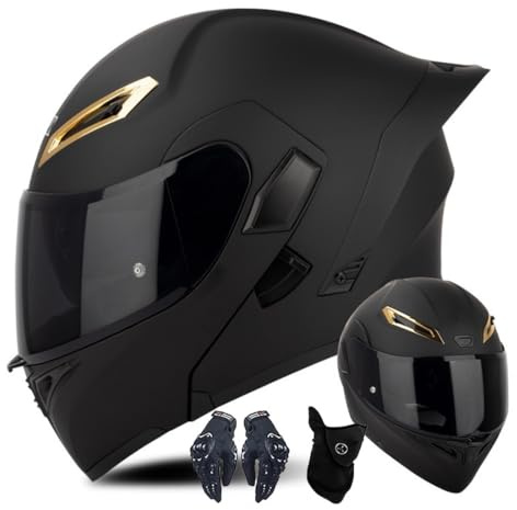 Casco Modular CNNGU para Moto con Guantes Y Cubrecara, Casco Abatible con Doble Visera, Homologado ECE para Hombres Y Mujeres, Talla S (55cm~56cm), Color Negro