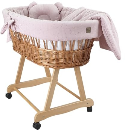 Wiklinopol Couffin Bébé Amelia en Osier avec Support et Matelas – Berceau à roulettes en Naturel – Ensemble 4 Pièces de Linge en Mousseline Doré-Lilas – Portable et Idéal pour Nouveau-Né