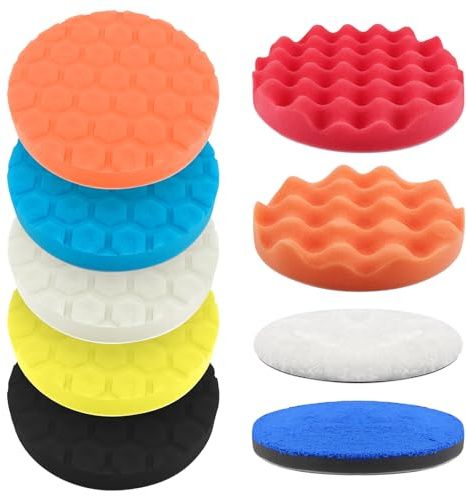 DXLing 9 Pièces Polissage de Pad 150mm Éponge de Polissage Tampons de Polissage de 150 mm Éponges en Mousse Nid d’Abeille & Ondulées Kit de Polissage Voiture pour Polisseuse Excentrique