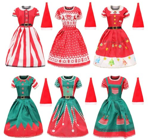 6 Pièces Vêtements de Poupée de Noël avec Mini Bonnets, Robe de Noël pour Poupée, Tenue Fashion, Accessoires pour Poupée 30 cm, Cadeau Fille pour l’Avent et Noëls