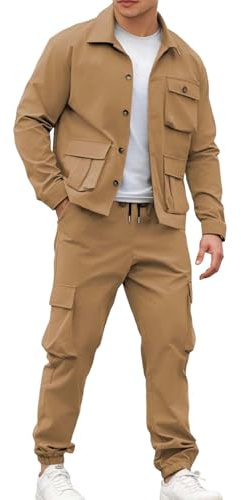 YOSUWOAI Survêtement pour homme, style rétro américain, veste de travail, pantalon multi-poches, ensemble d'automne et de loisirs, couleur unie, 2 pièces, veste cargo et pantalon, ensemble de