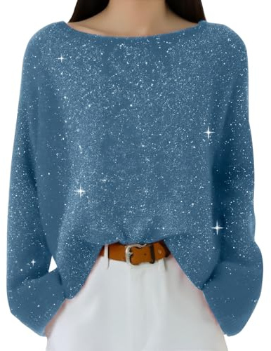 MJGkhiy Tops de Cérémonie pour Femme avec Paillettes Élégant - Tailles Fortes - Pull à Paillettes Doré de Soirée - Manches Longues - Chemise Argentée à Strass - T-Shirt de Noël Brillant, bleu clair, L