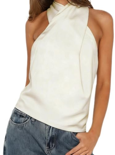 BABWWNIX Satin Silk Halter Tank Tops for Women Sexy Crisscross Wrap Sleeveless Summer Going Out Camisole Vest Crop Top Shirt