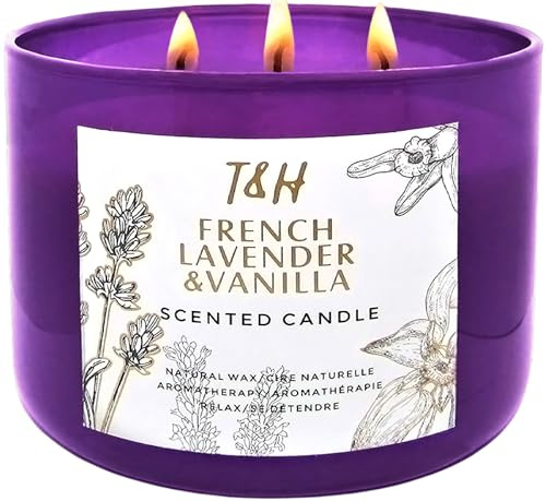 French Lavender Vanilla 3-Wick Scented Candle | 15.8 oz Large Soy Aromatherapy Candle for Home | Clean Burn Long Lasting | Relaxing Floral Vanilla Scent | Cozy Gifts for Women & Men