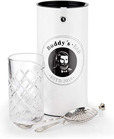 Buddy´s Bar - Rühr-Set, Rührglas 500 ml, schwere Qualität, 27 cm Barlöffel, Strainer/Barsieb, Edelstahl hochglanzpoliert, lebensmittelecht, spülmaschinenfest, Bar-Set inklusive Geschenkbox