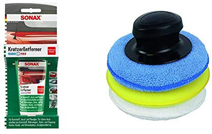 SONAX KratzerEntferner Kunststoff NanoPro (75 ml) zur Entfernung von Kratzern und Blindstellen aus Kunststoff, Acryl- und Plexiglas | Art-Nr. 03050000 & Carpoint 1750302 Polierschwamm mit Griff