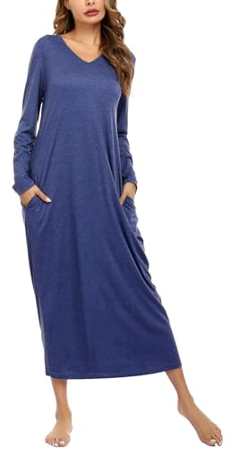 Sykooria Camicia da Notte Manica Lunga Donna a V Camice da Notte in Cotone Lungo Camicia da Notte Invernale con Tasche,Pigiama Comodo Ampio Tinta Unita Abbigliamentoda Casa a_Blu Navy XL