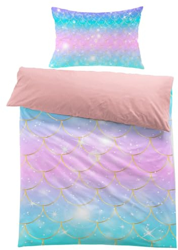 MUSOLEI Mermaid Bedding Set Girls Single Double Colorful 3D Mermaid Tail Blue Duvet Cover Sets Pink Lovely Quilt Cover Soft with Pillwocase (Pink Scales, Single)