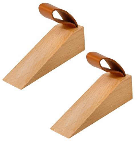 LERANXIN Holzkeile, 2 Stück Buchenholz Türstopper Boden mit Rutschfester Silikonunterlage, 112mm x 35mm Türkeil mit Ledergriff, für Türspalten von 5 Bis 30 mm