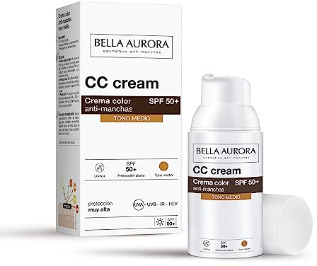 Bella Aurora - CC Cream Anti-Macchie SPF50+ 30ml, Crema Viso Colorata con Alta Protezione Solare UVA/UVB/IR, con Olio di Argan e Cellule Staminali di Cotone Arabo, Tono Chiaro