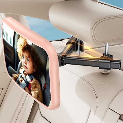 Specchietto Retrovisore Bambini Poggiatesta Auto 100% Infrangibile, Rotazione a 360° Specchio Macchina Neonato Sedile Posteriore, Accessori per Viaggi-Rosa