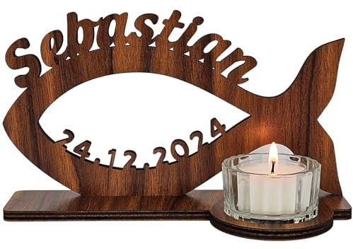 Waluna® Teelichthalter Fisch Kerzenhalter Fische aus Holz in 12 Farben- Tisch Dekoration für Taufe Kommunion Konfirmation Taufdeko - personalisiert mit Name und Datum Tischdeko für Mädchen & Jungen