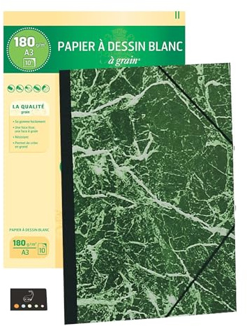Lote de 1 bolsa de papel A3 blanco con dibujos de grano 180 g/m², 10 hojas + 1 cartón de dibujo A3 + 1 índice adhesivo Blumie (blanco + cartón)