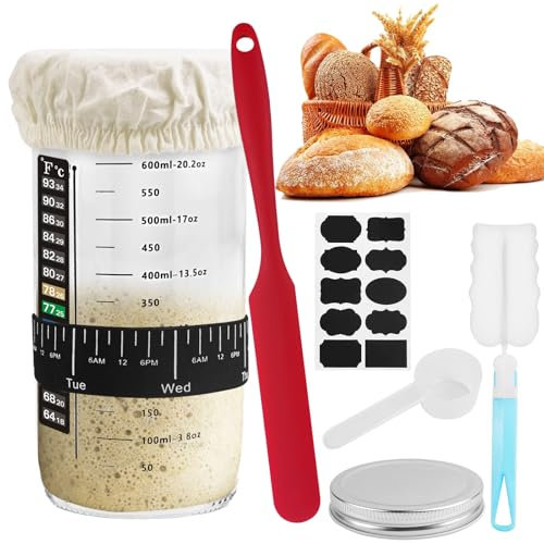 DONQL Kit de Démarrage au Levain, 730ML Verre de Démarrage, Pot de Démarrage au Levain en Verre, Cuve de Fermentation, Récipient de Démarrage au Levain avec Papier Thermomètre et Capuchon en Aluminium