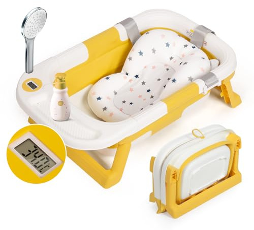Leogreen Baignoire Pliable Bébé avec Coussin de Bain, Baignoire Bebe avec Thermomètre de Voyage Numérique Portable,Comprend un plateau, Essentiel pour Les Nourrissons de 0 à 36 Mois