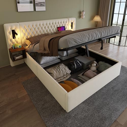 Bettanlage Schlafzimmer Komplett Set, Polsterbett 180×200cm, Doppelbett mit 2 Nachttischen, Kopfteil Leselicht mit USB Ladefunktion, Hydraulisches Bett mit Stauraum (Beige - Hydraulisch, 180x200CM)