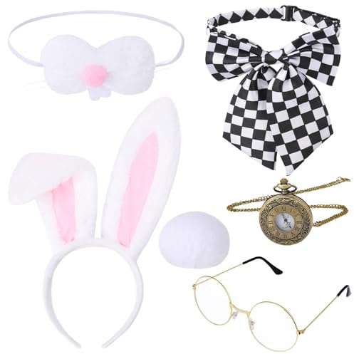 taonganui Lot de 6 serre-têtes oreilles de lapin en peluche - Serre-tête - Nœud papillon - Montre de poche - Lunettes - Accessoires de costume d'animaux - Pour Pâques, Halloween, carnaval, fête