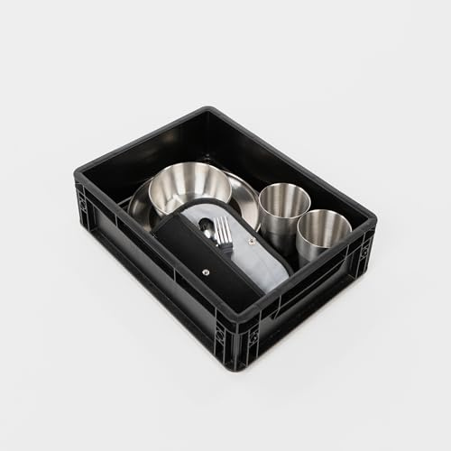 BOXIO - CookUp: juego completo de 28 piezas para cocina de camping 40 x 30 x 12 – Accesorio perfecto para el hornillo de camping en pequeña Eurobox con vajilla y cubertería