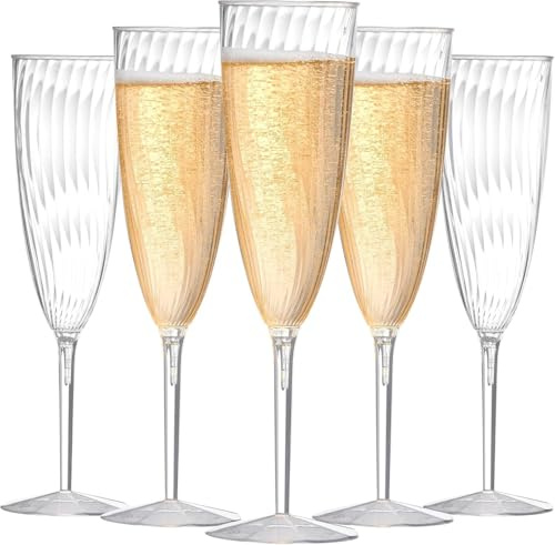 Riiriou Plastic Champagne Flutes,24Pcs Disposable Clear Champagne Glasses,6 Oz Wine Glasses for Party Wedding Cocktail Toasting Party Family Holiday Picnic Thanksgiving Christmas (24pcs)