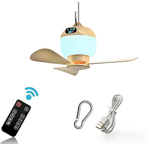 Negxi Camping Fan with Light & Remote, Portable Ceiling Fan for Tents, Canopy, Beach, RV, Car, Camper & Outdoor, Wireless Rechargeable Hanging Pop up Tent Fan - 3 Speed Breeze & Timer, 10.63 Inch