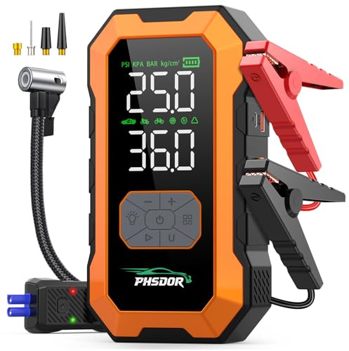 Avviatore Batteria Auto con Compressore 150PSI, 8000A 25000mAh Booster Avviamento Auto (Tutti Gas/10.0L Diesel), Avviatore Emergenza Starter Batteria con Torcia a LED (Arancione)