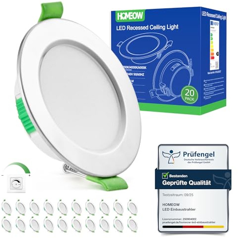 HOMEOW Set di 20 Faretti Led da Incasso per Cartongesso Dimmerabili, 5W Nichel Faretti Led Soffitto Incasso Foro 68-80mm, Luce Caldo 2700K Neutro 4000K Freddo 6000K, IP44 Faretto per Bagno Cucina