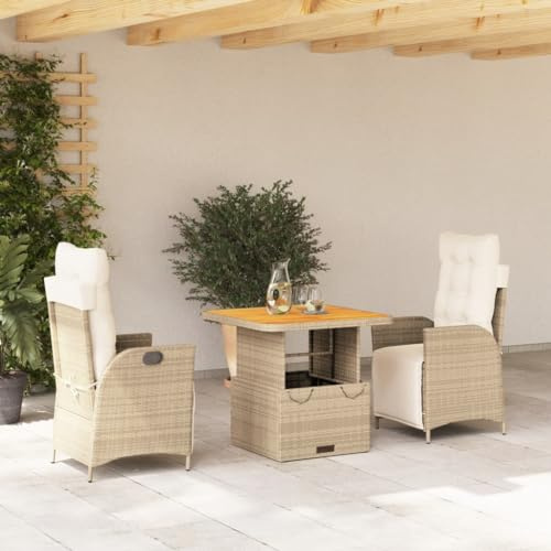 Salon de jardin 3 pièces en rotin synthétique - Fauteuil relax réglable en hauteur - Coussins lavables - Pour terrasse, balcon, jardin - Charge maximale de 110 kg par siège - Beige