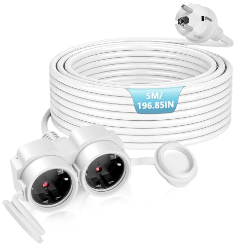 BOSYTRO Förlängningskabel med två dammtäta uttag och lock, vattentätt utomhusuttag, förlängning med inomhus/utomhusuttag, maximal effekt 3 500 W, 16 A 250 V, IP44,5 m, vit