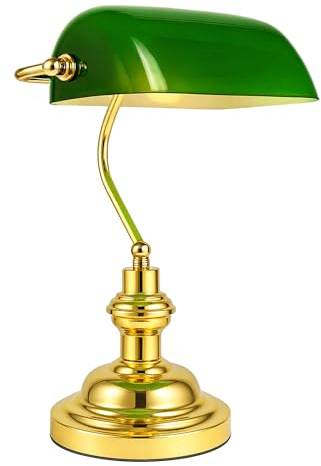 Innoteck Classic Bankers Table Lamp, Antique Style Traditional Glass Shade Stand Perfect for Offices, Living Rooms and Reading, Green & Polished Brass
