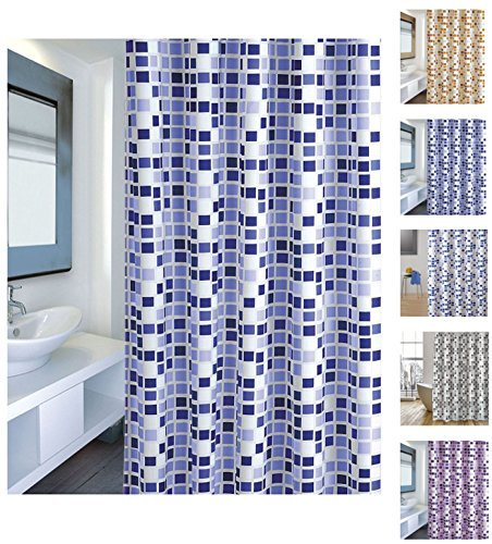 MSV Cotexsa by 142103 Premium Anti-Schimmel Textil Duschvorhang - Anti-Bakteriell mit 12 Duschvorhangringen - Polyester, „Mosaik“ Blau 180x200cm – Made in Spain