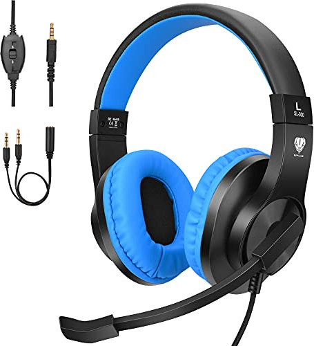 BlueFire Kids Headphones for Online School, Children, Teens, Boys, Girls, 3.5mm Stereo Over-Ear Gaming Headphone with Microphone and Volume Control for PS4, PS5, New Xbox One（Blue）