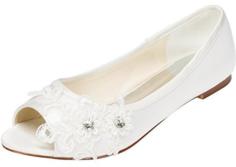 Emily Bridal brudskor kvinnor satin platt häl peep tå med kristallklack kristall häl kristall, elfenben, 39 EU