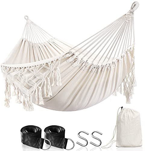 ANYOO Hängematte Outdoor mit Quasten und Baum Gurten, Belastbarkei 200 kg, Bequem und Atmungsaktiv aus Baumwolle Hängematte mit Tragetasche für Terrasse, Balkon, Hof, Garten
