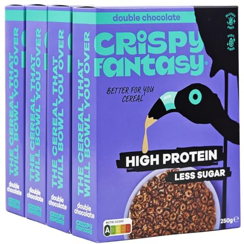 Crispy Fantasy Protein Cerealien, Schokolade, Glutenfrei, Vegan, Wenig Zucker, Ballaststoffreich, Pflanzlich, Gesundes Frühstück für Kinder, Erwachsene, 8 g Protein pro Portion, 4 Schachteln