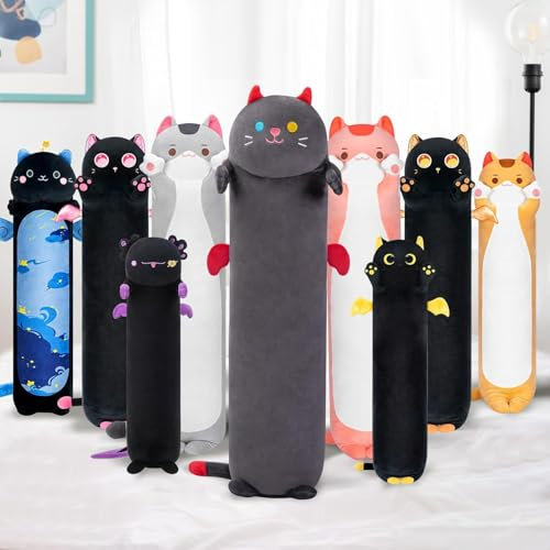 Mewaii 110CM Plüschtier Stofftiere für Kinder Kuscheltier Schwarzer Katze Langes Wurfkissen Kawaii Katzen Plüsch Kissen Plüschtier Ausgestopftes Spielzeug Stofftiere Geschenk über 3 Jahren