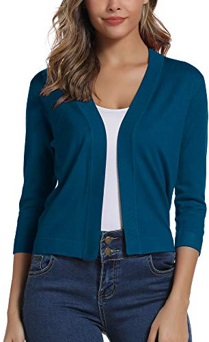 Dam 3/4 ärm öppen front bolero kofta Shrug solid kofta topp, Indigo blå, S