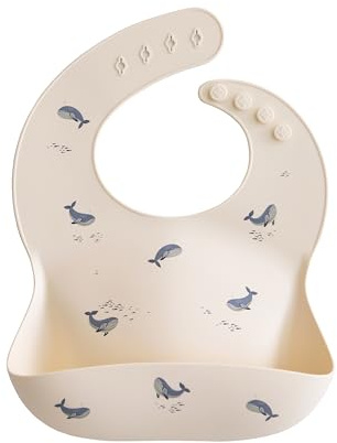 Mushie Ajuste ajustable impermeable silicona bebé alimentación babero, ballenas