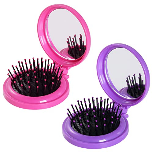 2pcs Folding Travel Mirror Hair Brushes Round Mirror Pocket Hair Brush Portable Mini Pop Up Hair Brushes for Women Girls Wet and Dry Hair