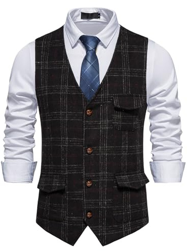 MakingDa Gilet à carreaux pour homme, formel, sans manches, col en V, à carreaux, tweed, gilet d'affaires, robe décontractée, gilet de costume avec poche, Noir , S