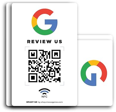 MESSAGENES | PVC-kort Recensioner Google QR och NFC | Kundkodskort Google Recensioner | Pack 5 stycken 8,6 x 5,5 cm | Google QR och NFC visitkort | Tjäna recensioner med Google NFC-kort