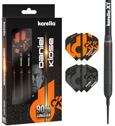 Karella Softdart Daniel Klose, 90% Tungsten, 19 g, 2 Flight Sets, 3 Pfeile mit Kunststoffspitze, für elektronische Dartscheibe, Dartautomat