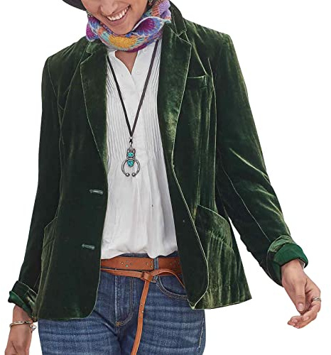 MINTLIMIT Women's Casual Velvet Blazer Coat Long Sleeve V Neck Button Front Jacket Suit with Pockets, Dark Green, Size L